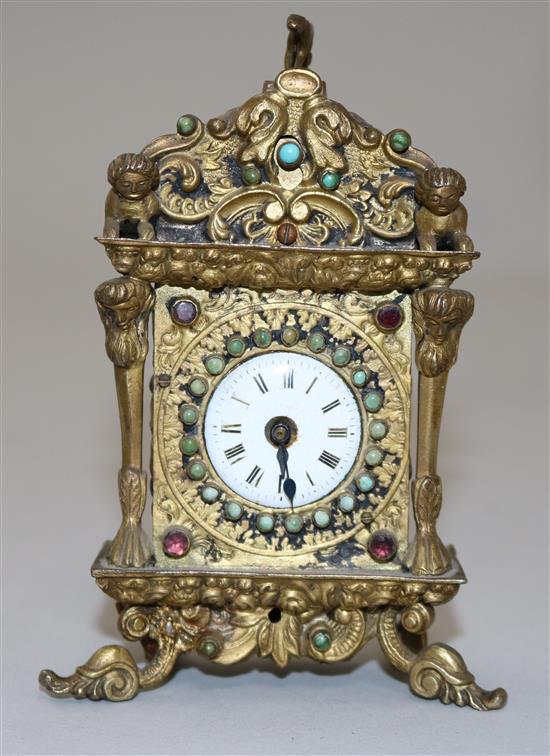 A 19th century Viennese gem set ormolu desk timepiece, 4.5in.